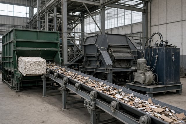 Sortieranlage mit Förderband, Ballenpresse, Shredder und Hydraulikaggregat
