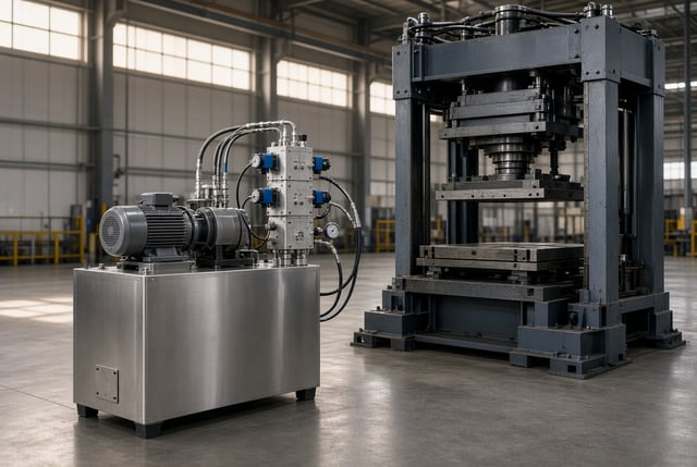 Hydraulikaggregat mit Motor-Pumpen-Gruppe und Ventilblock vor einer Säulenpresse