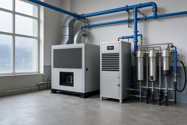 Kompressorraum mit Schraubenkompressor, Kältetrockner und Druckluftfiltern