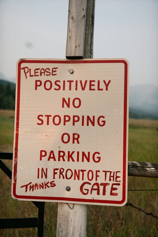 A handmade no-parking sign on a wooden fence with fields and mountains behind it.