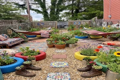 Help With Ugly Sloped Yard transformed to Bohemian Eclectic style