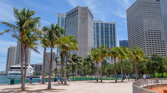 A sunny afternoon at Bayfront Park with a group of Downtown Miami buildings against the sky.