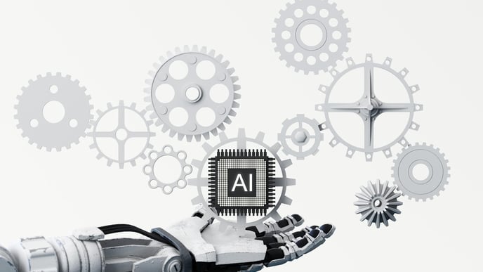 Web banner featuring an artificial intelligence theme with a processor chip and a robotic hand