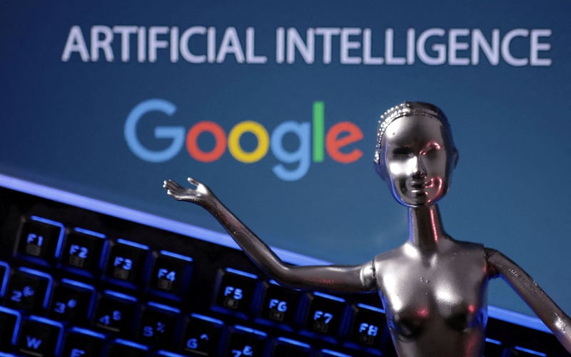 Illustration shows Google logo and AI Artificial Intelligence words