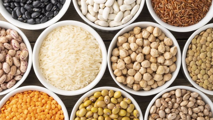 Assorted beans and grains on white bowls