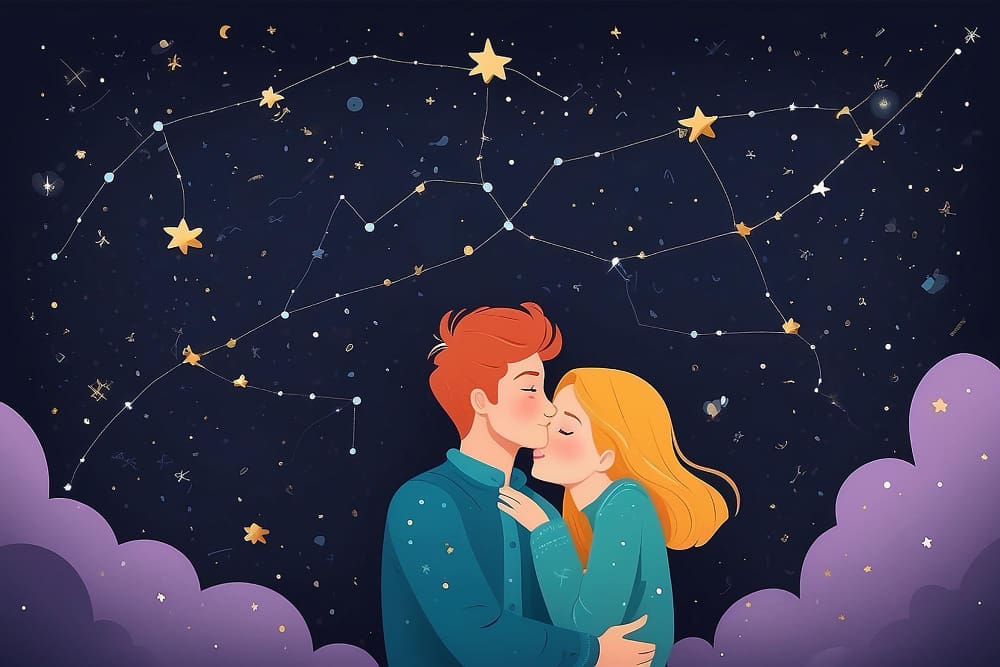 A young couple enveloped by a constellation of self-love stars in the night sky