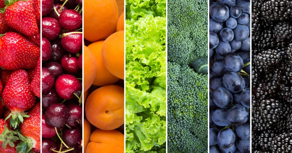 Close-up collage of berries, fruits, and vegetables