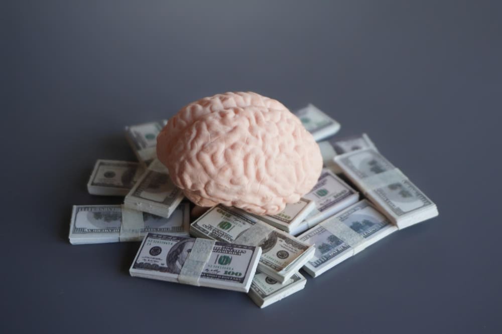 Close-up image of a brain alongside money, representing a business mindset focused on investing.