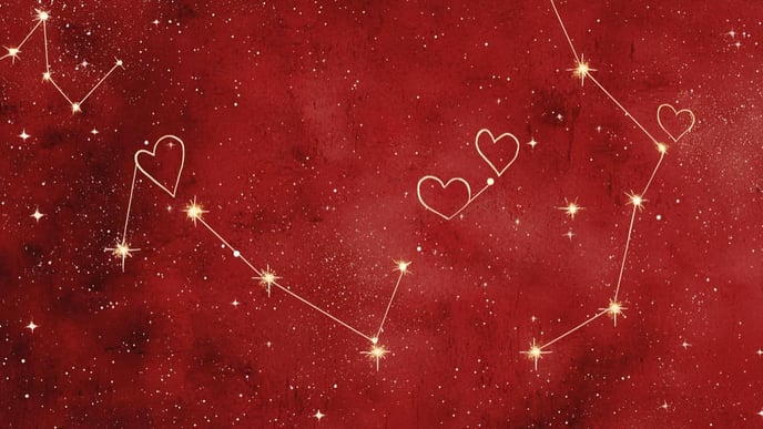 Cosmic red backdrop featuring heart-shaped constellations