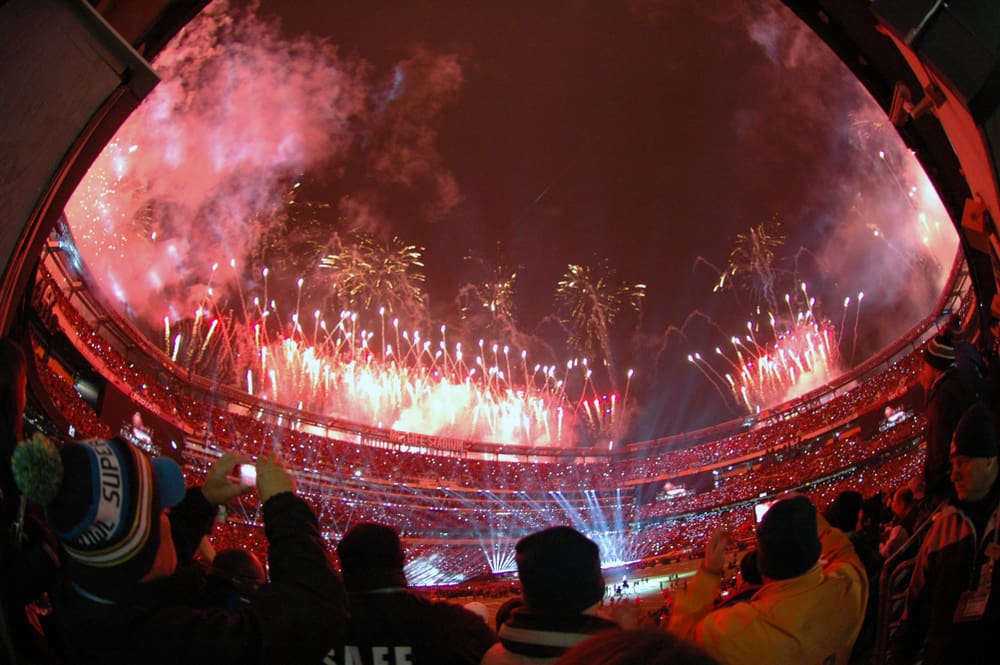 Fireworks go off at the end of the Super Bowl XLVIII halftime show at MetLife Stadium in East Rutherford, N.J. Feb. 2, 2014