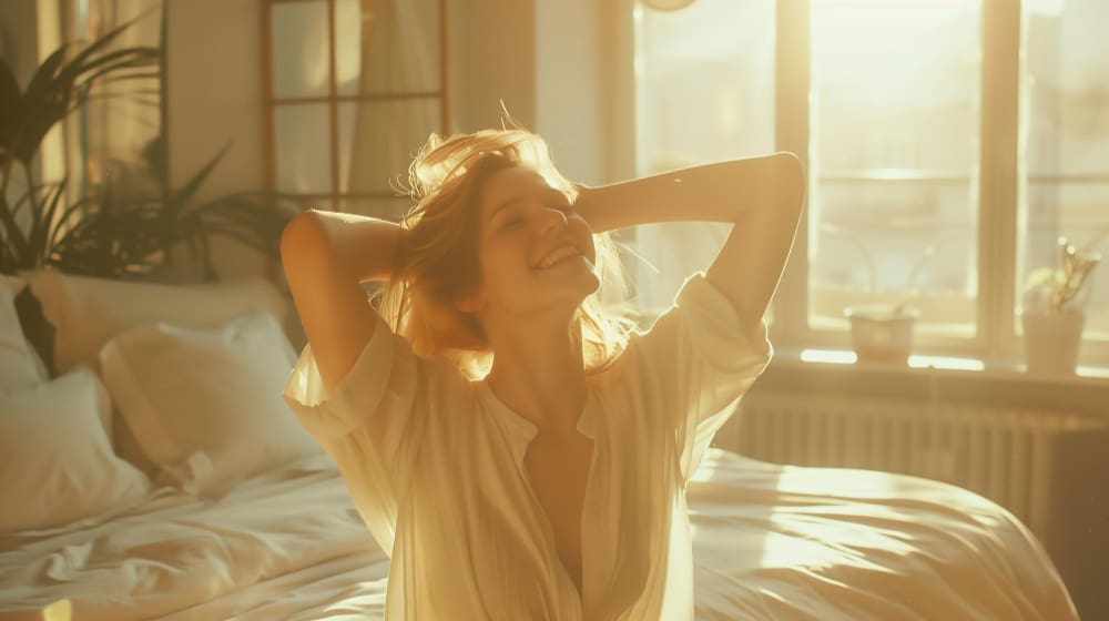 Happy young woman waking up from the bed in the sunny morning