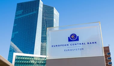 Low angle view of the sign and logo of the European Central Bank at the northern entrance of the Skytower building, headquarters of the ECB since 2015