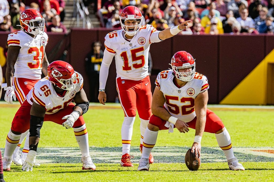 Mahomes directing the Chiefs offense in 2021. Photo by All-Pro Reels - flickr.com, CC BY-SA 2.0, via Wikimedia Commons