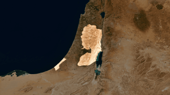 Satellite view of the map of the Palestinian Territories, featuring the Gaza Strip and the West Bank