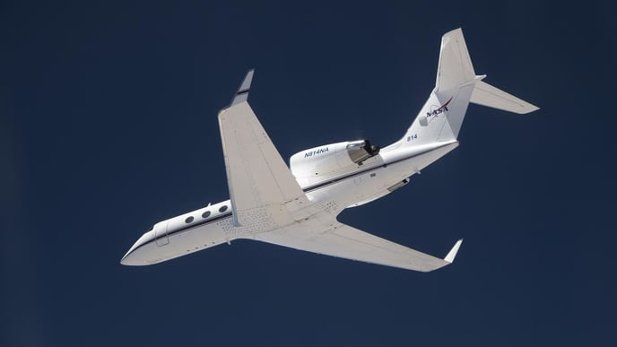 The G-IV aircraft flies overhead in the Mojave Desert near NASA’s Armstrong Flight Research Center in Edwards, California.