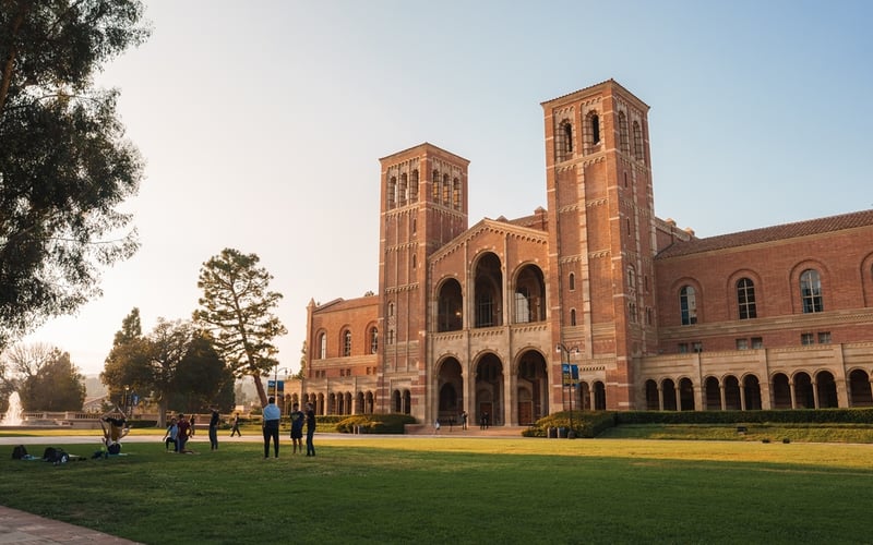 UCLA Bruin Bear on the University of California, Los Angeles, campus. Beautiful view of the life in university