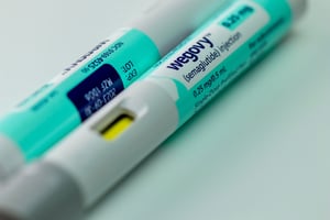 Valparaiso, IN. USA - January 22, 2024. Wegovy semaglutide pens for treatment of chronic obesity, close up. By Shutterstock.com - KK Stock