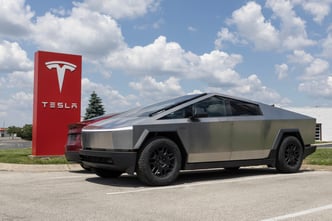 Indianapolis - May 19, 2024: Tesla Cybertruck display at a dealership. Tesla claims the Cybertruck has a driving range of up to 340 miles. MY:2024