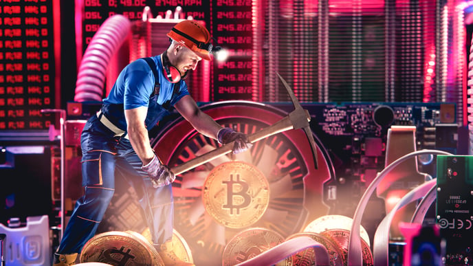 Macro view of miner working for bitcoins mine pool. Devices and technology for mining cryptocurrency. By Shutterstock - Vitte Yevhen