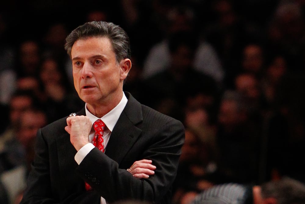 NEW YORK-MAR 10: Louisville Cardinals head coach Rick Pitino on the sidelines against the Cincinnati Bearcats during the Big East Tournament on March 10, 2012 at Madison Square Garden in New York City