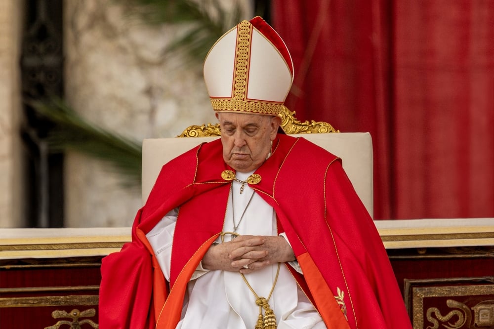 Rome Italy 24 3 2024 Pope Francis Bergoglio sick celebrates mass in the Vatican. Palm Sunday preceding the Christian Easter. Catholic Church. The Argentine is the first pope from America.