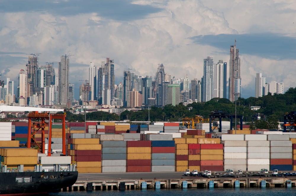 Shipping port showing several cargo containers in Panama City