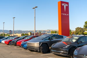 Tesla Cybertruck next to the Tesla showroom in Gilroy