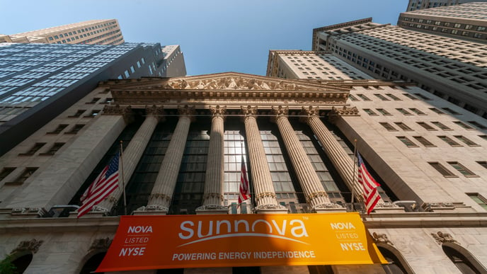 The New York Stock Exchange in Lower Manhattan in New York is decorated with a banner for the Sunnova Energy International initial public offering