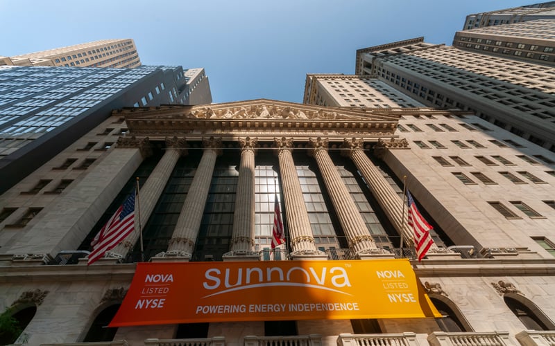 The New York Stock Exchange in Lower Manhattan in New York is decorated with a banner for the Sunnova Energy International initial public offering