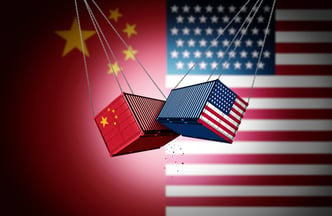 USA China Tariff Conflict as US and Chinese trade war or American tariffs as two cargo freight containers as an international economic dispute over import and exports concept as a 3D illustration