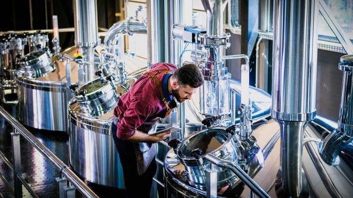 Young male brewer in leather apron supervising the process of beer fermentation at a modern brewery facility