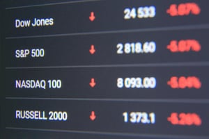 Macro shot of computer monitor with world stock market chart in trading application. Dow Jones, S&P 500, Nasdaq 100, Russell 2000 indexes falling down