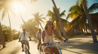 Depiction of a beautiful young woman and two men enjoying the sunset in Miami while riding their bicycles