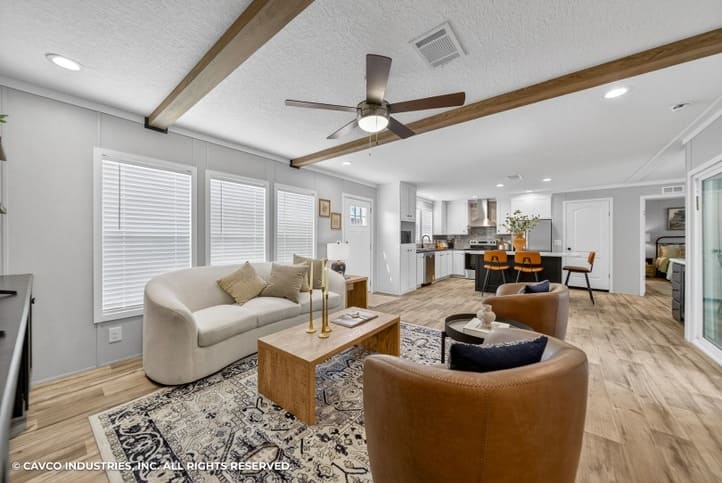 Open living room and kitchen in The Vantage double-wide