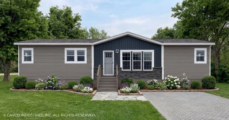 Front exterior of The Vantage by Cavco, a double-wide manufactured home