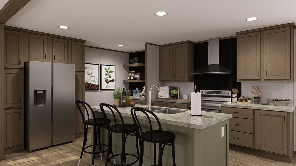 Kitchen cabinetry in the Clayton Epic Crockett manufactured home