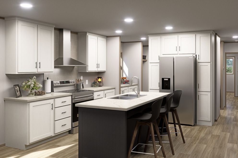 Single-wide kitchen inside the Clayton Epic Mariner mobile home