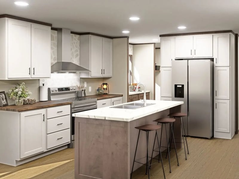 Modern island kitchen in the Clayton Epic Tide manufactured home
