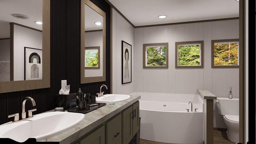 Primary bathroom inside the Clayton Epic Crockett manufactured home