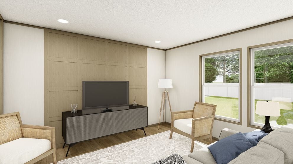 Open living room inside the Clayton Epic Explorer mobile home