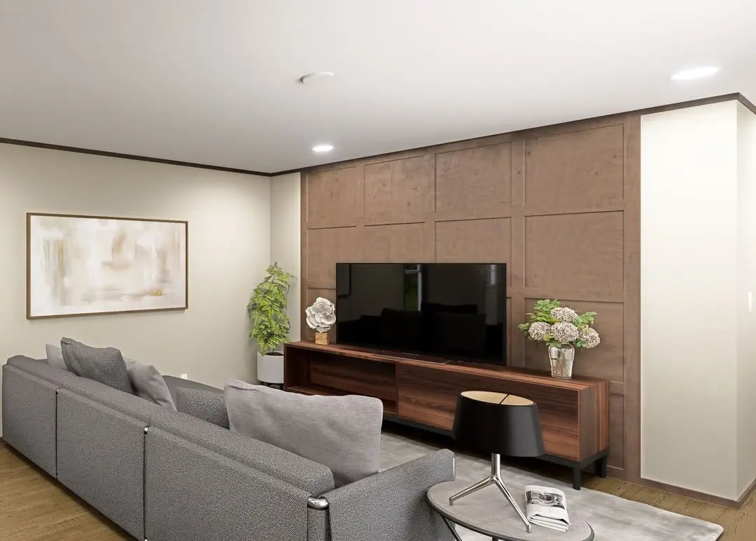 Clayton Epic Tide living room with gray sectional and media wall
