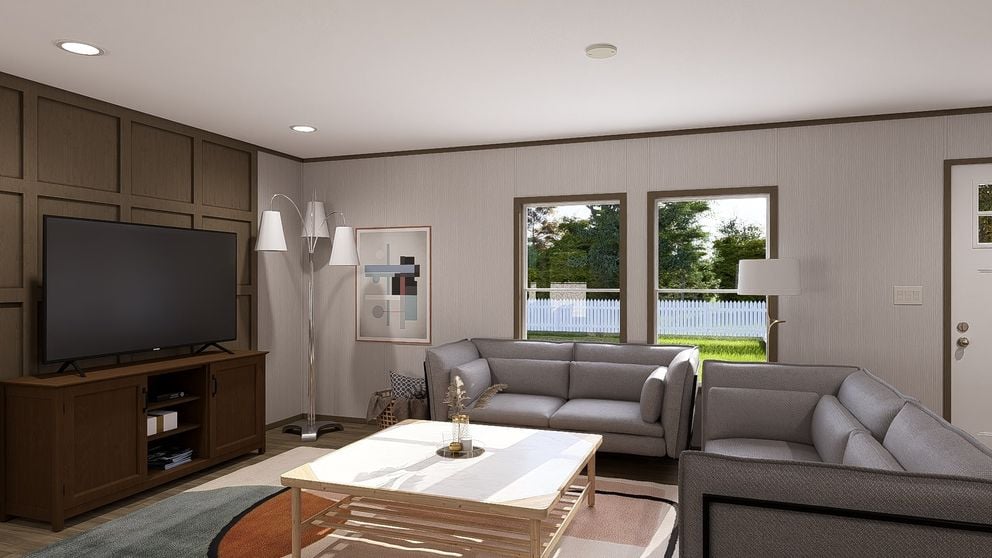 Open-concept living area in the Clayton Epic Crockett manufactured home