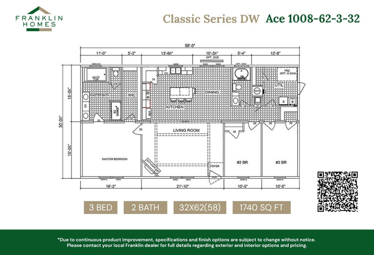 The Ace 1008-62-3-32 double-wide floor plan by Franklin Homes