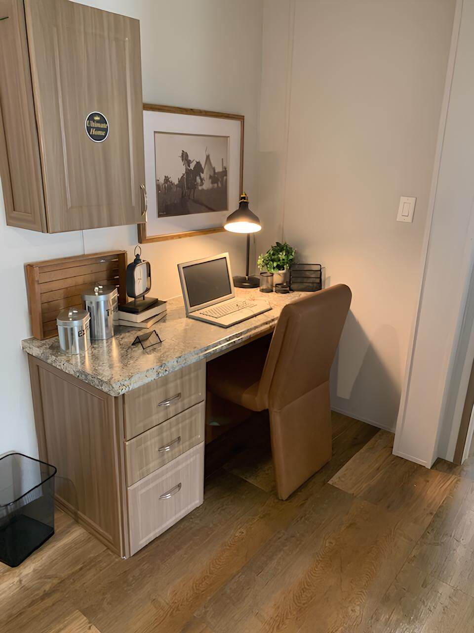 Built-in home office desk in The Lakehouse 32x64 by Legacy Housing