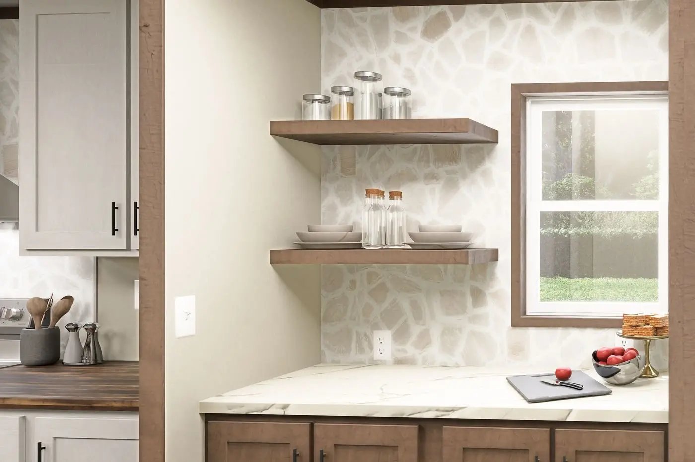 Built-in kitchen buffet with floating shelves in the Clayton Epic Tide