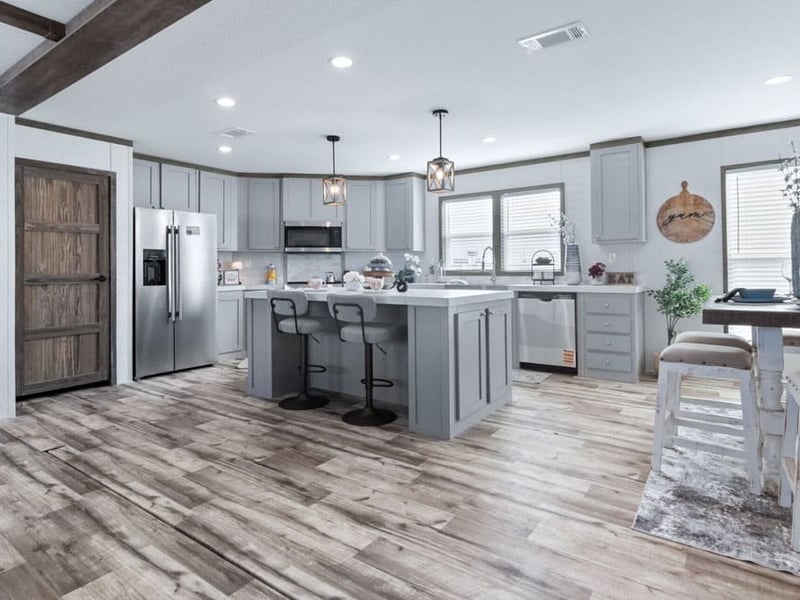 Large island kitchen in The Murphy manufactured home
