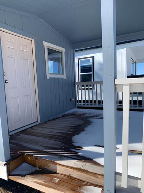 Covered front porch and entry of the Legacy Tiny Hacienda