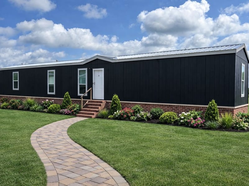 Exterior view of Champion New Moon 16x76B home #20 with dark siding and landscaped surroundings