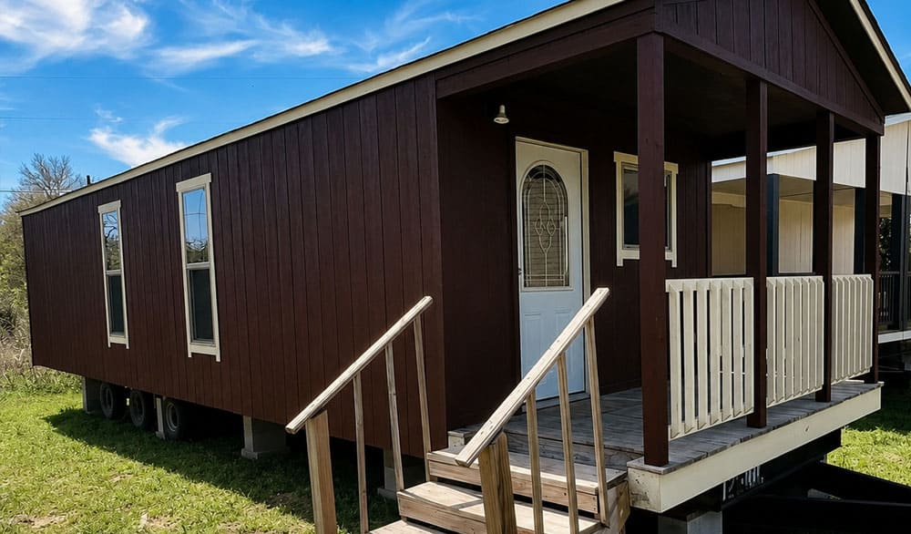 Side exterior of the 399 sq ft Tiny Hacienda manufactured home by Legacy Housing