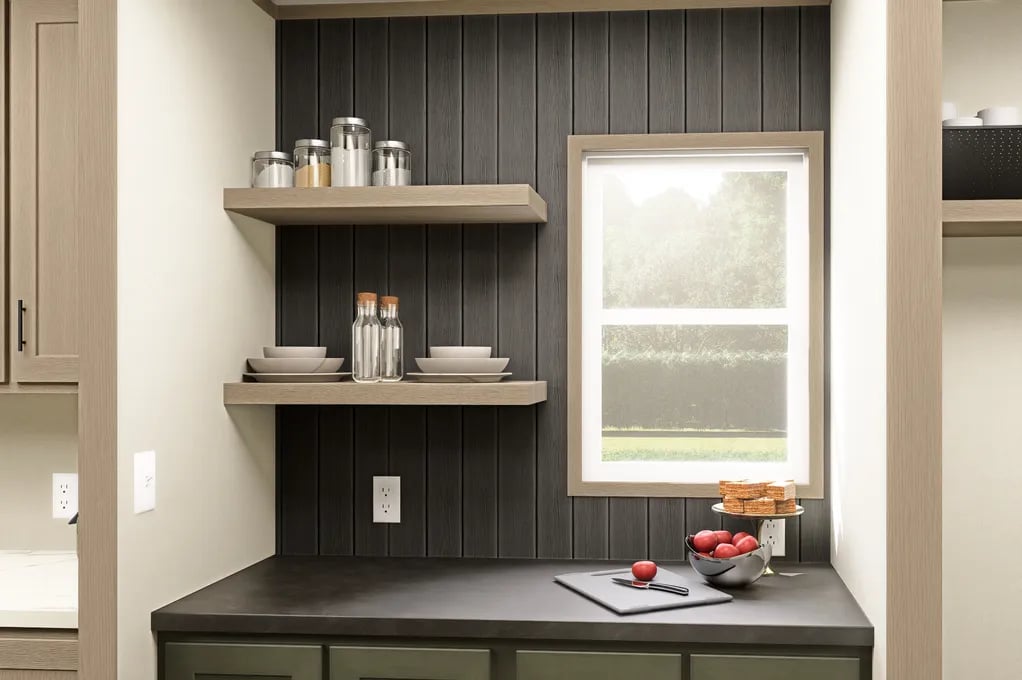 Built-in coffee bar with open shelves in this 3-bedroom manufactured home